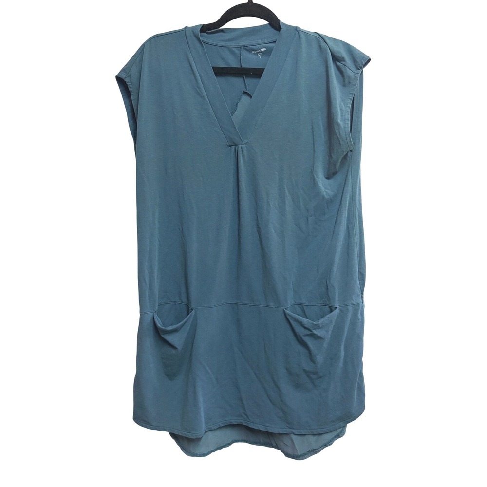 Garnet Hill V-Neck Silk Back Pocket Tunic Teal Blue Knit Silk Mixed Media S - Picture 5 of 9